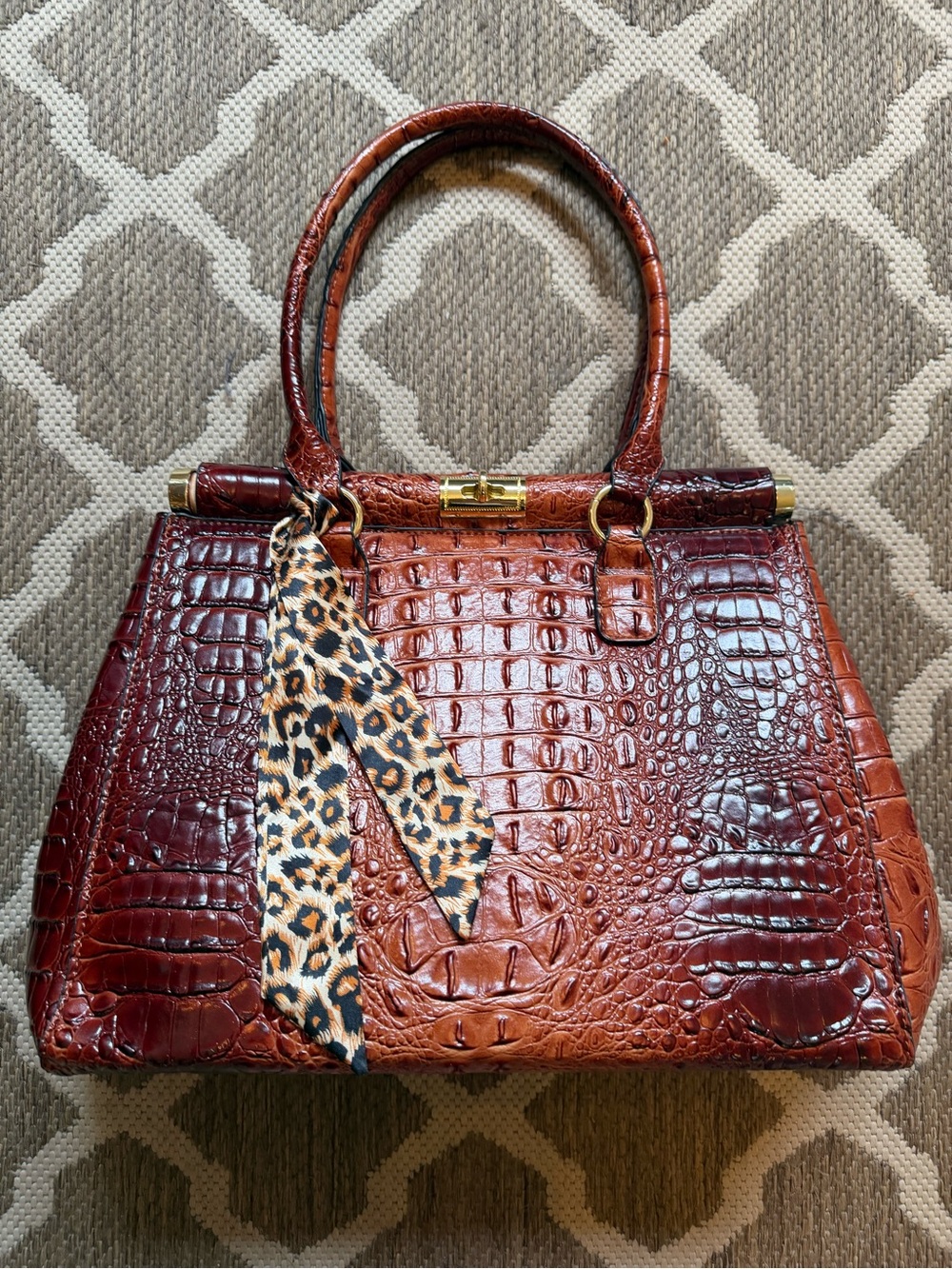 Structured Faux Croc-Embossed Tote Bag in Brown Ombre
